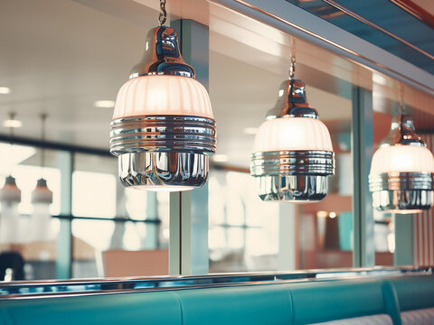 50s diner theme chrome accents shining softly pastel tones blending nostalgia reflecting atmosphere