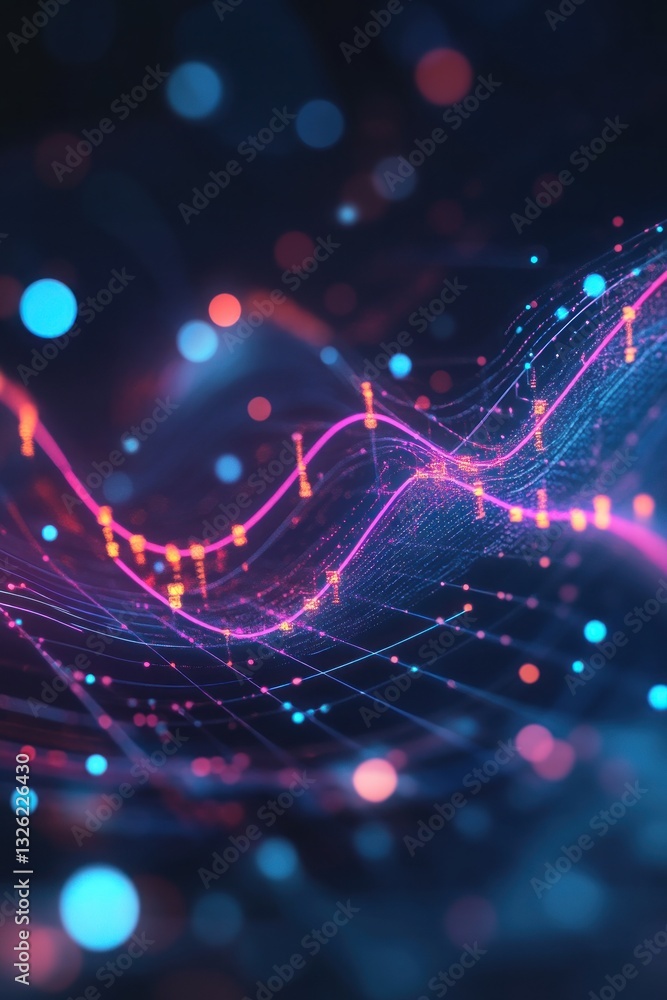 Poster abstract visualization of colorful data waves with glowing dots
