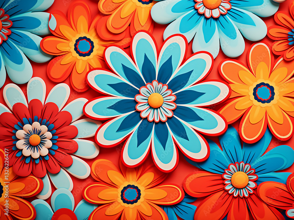 Poster 60s textile design with bold repeating patterns and vibrant colors expressing energy