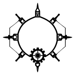 Obraz premium Black and White Geometric Tech Design with Gear, Circle Frame, and Spiked Elements on White Backdrop, Futuristic, Mechanical.