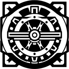 Fototapeta premium Intricate monochrome geometric design featuring a circular cogwheel-like structure with radial elements, stylized details and a symmetrical, abstract form, suitable for logo or emblem.
