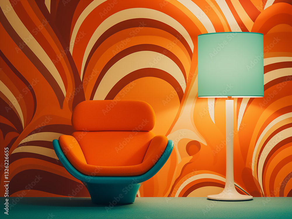 Poster 70s wallpaper with bold repeating patterns and dramatic color combinations setting mood