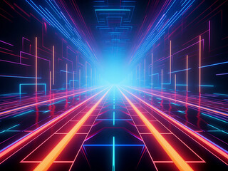 80s neon graphic design with glowing colors and bold geometric shapes radiating dynamic energy