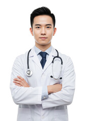 Fototapeta premium Confident doctor man in a white coat with a stethoscope, standing with arms crossed, isolated