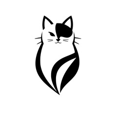 Minimalist Black and White Cat Illustration: Symmetrical Design of a Feline with a Two-Toned Face and Curvaceous Body, on White Background.