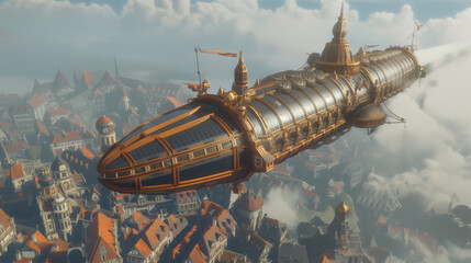 Fototapeta premium A majestic airship with intricate steampunk elements hovers above a Victorian city, filled with detailed buildings and winding streets.