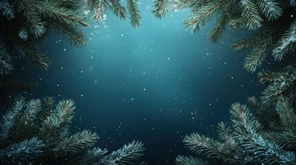 Obraz premium Elegant Dark Teal Christmas Background with Snowy Pine Branches and Sparkling Snowflakes
