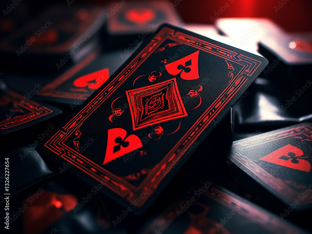 Poster red and black scheme used in abstract playing cards with suit symbols
