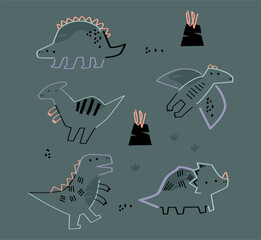dino set outline hand drawn illustration © I'L YELLOW