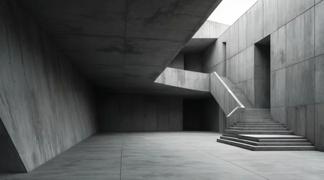 Abstract geometric interior with fractured angular concrete walls, raw texture, industrial minimalist contemporary style, muted lighting, deep shadows, high contrast grayscale tones, wide empty space