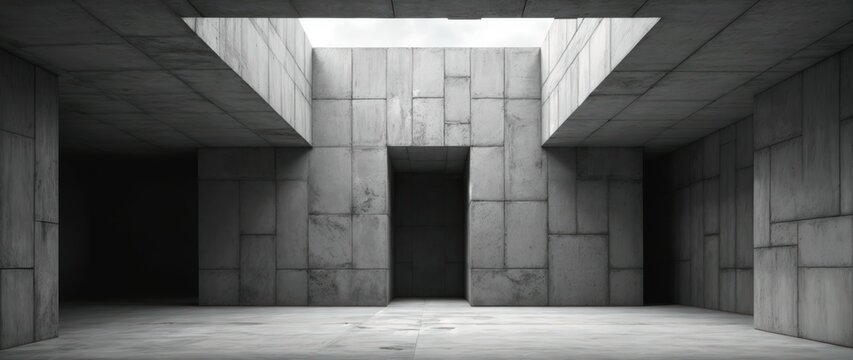 Concrete architectural interior with angular geometric fractured walls, rough raw texture, industrial minimalist contemporary design, muted lighting, deep shadows, grayscale tones, wide empty modern s