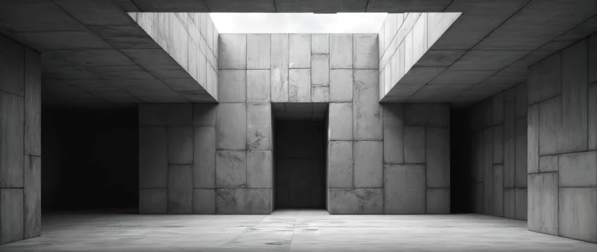 Concrete architectural interior with angular geometric fractured walls, rough raw texture, industrial minimalist contemporary design, muted lighting, deep shadows, grayscale tones, wide empty modern s