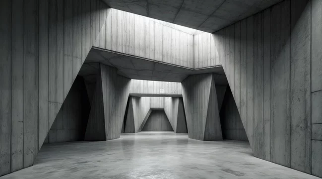 Massive empty interior with angular concrete structure, rough texture, sharp geometric shapes, low ceiling, minimalist industrial style, deep shadows, muted grayscale palette, contemporary modern desi
