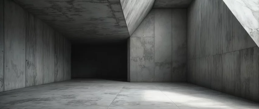 Photorealistic industrial interior with angular concrete walls, raw texture, sharp geometric ceiling, minimalist design, muted light, deep shadows, grayscale palette, empty wide contemporary space