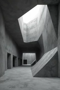 Interior view of massive angular concrete structure, geometric fractured walls, rough texture, low ceiling, industrial minimalist design, deep shadows, grayscale tones, wide empty architectural space
