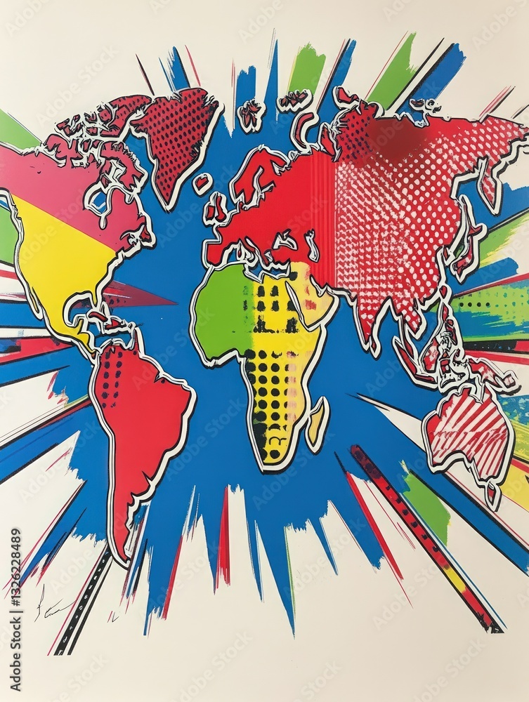 Poster colorful illustration of a world map with exploding radial patterns and vibrant hues depicting conti