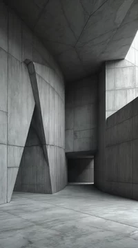 Interior of large concrete structure with fractured angular shapes, raw textured walls, geometric ceiling, minimalist industrial architectural design, muted light, grayscale tones, sharp lines, empty