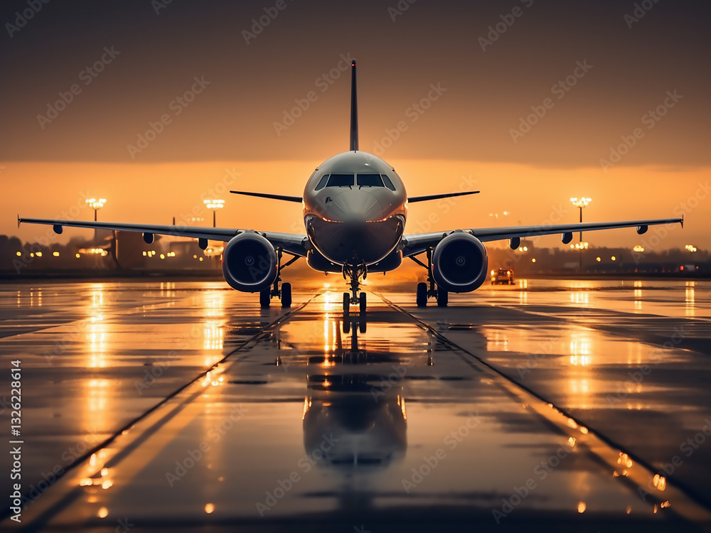 Poster aircraft taxiing slowly with engines humming and runway lights reflecting the dawn light