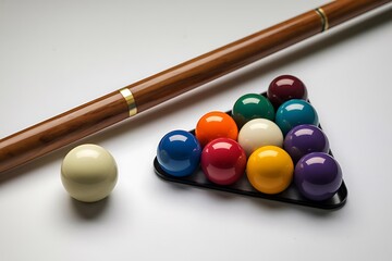 A snooker cue rests beside a rack of colorful billiard balls, ready for a game. One additional ball sits separately.