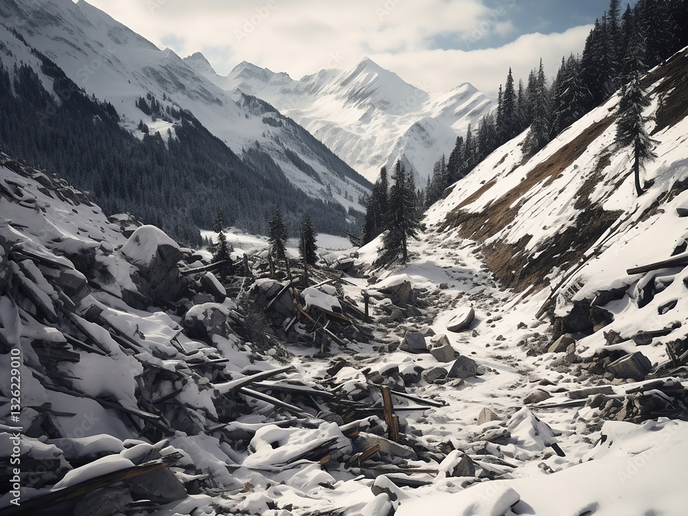 Poster alpine avalanche paths with protective forests defense structures visible snow managed