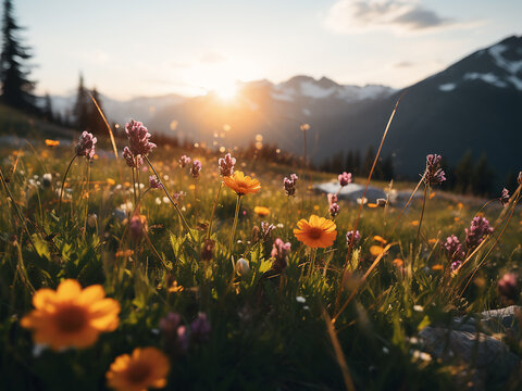 Alpine flowers closing gently as evening approaches day ending quietly peace descending
