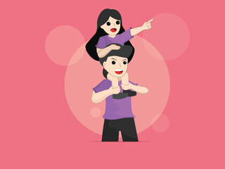 Heartwarming Cartoon Illustration of a Father Carrying His Happy Daughter on His Shoulders