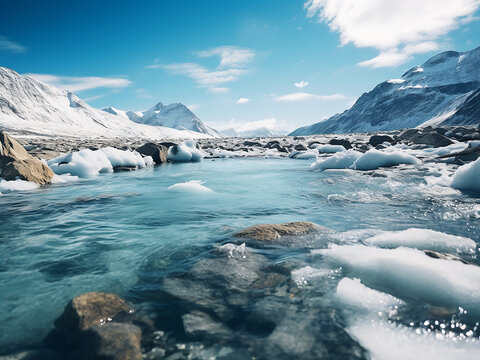 Alpine lake thawing with ice breaking slowly water flowing as season changes