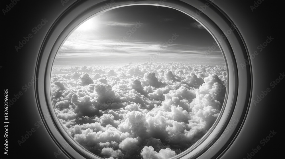 Aufkleber from a circular window, the vastness of fluffy white clouds unfolds, illuminated by the gentle sun a