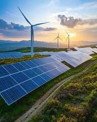Expansive solar farm combined with wind turbines under bright sky as a model for sustainable energy
