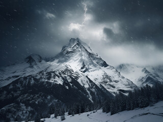 Snowfall in the alpine silence, descending deeply, creating beauty and bringing natural peace