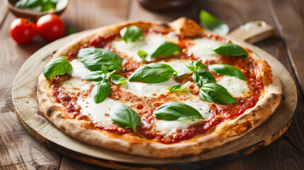 margherita pizza with basil leaf and mozzarella on a wooden table