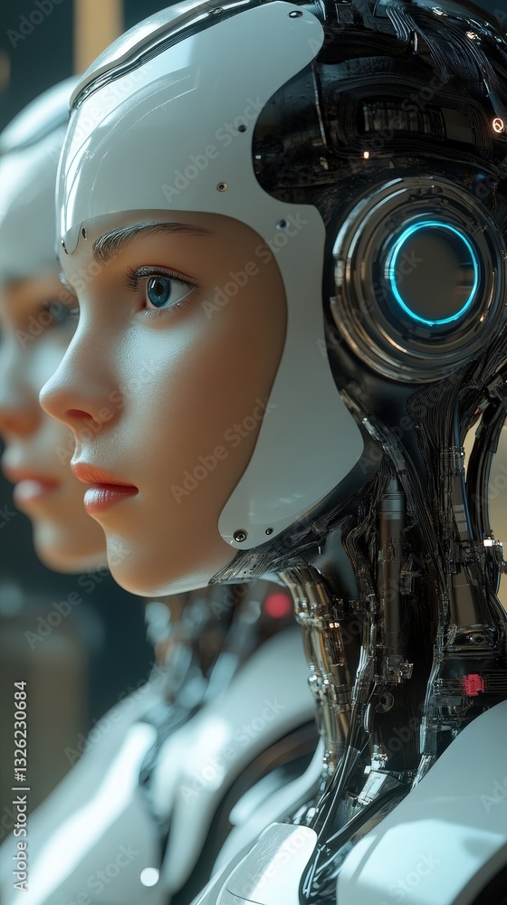 Poster advanced robot equipped with a helmet demonstrating a unique blend of functionality and style