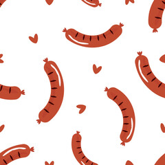Seamless pattern with grilled sausages and red hearts on white background vector.