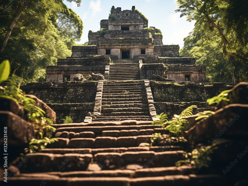Poster low angle of an ancient temple complex with intricate carvings and pyramid steps in jungle