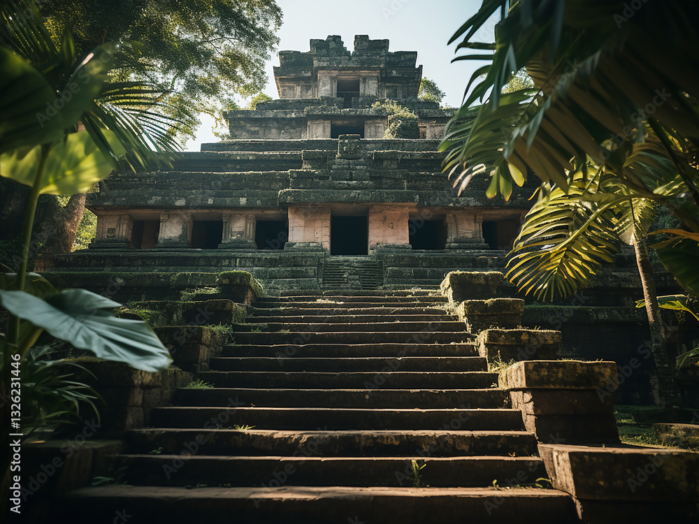 Poster low angle of an ancient temple complex with intricate carvings and pyramid steps in jungle