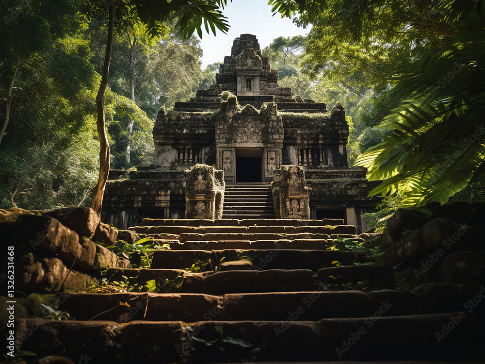 Poster low angle of an ancient temple complex with intricate carvings and pyramid steps in jungle