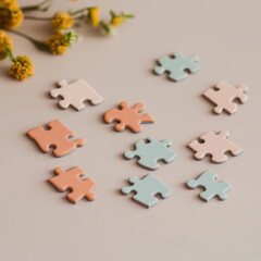 Obraz premium Puzzle pieces connected on a white background representing teamwork, strategy, and problem-solving with a 3D abstract design in blue