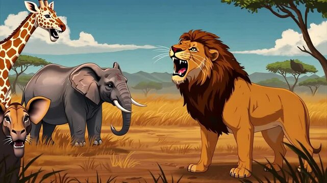 Lion roaring at an elephant and giraffe, a powerful wildlife encounter suitable for nature documentaries, educational materials, or travel brochures.