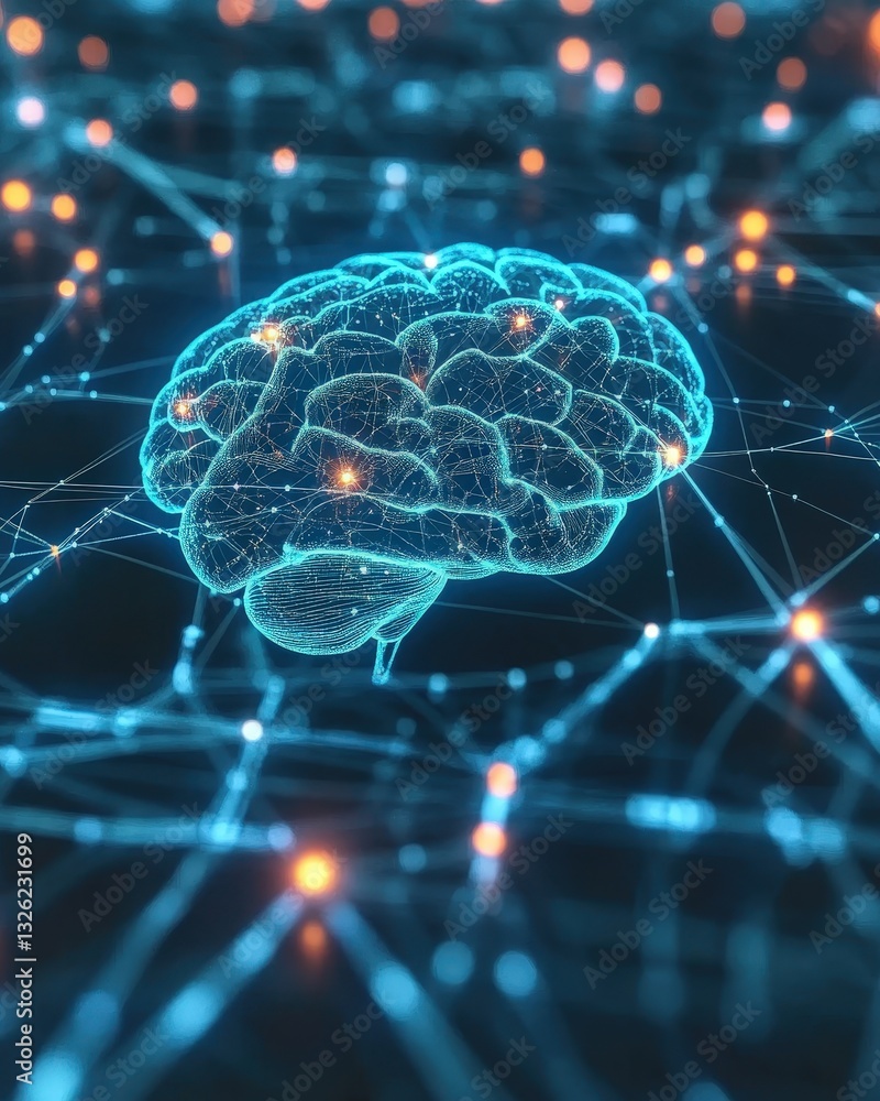 Poster brain surrounded by a web of connected lines representing thought processes and digital networks