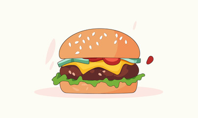 Delicious Cheeseburger Illustration with Melted Cheese, Lettuce, and Tomatoes for Food Articles