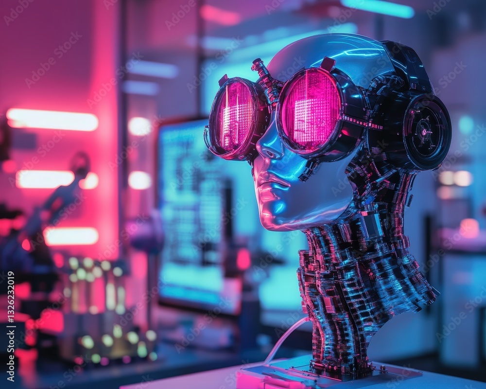 Poster close-up of a robot head equipped with headphones in a futuristic setting with bright lighting effec