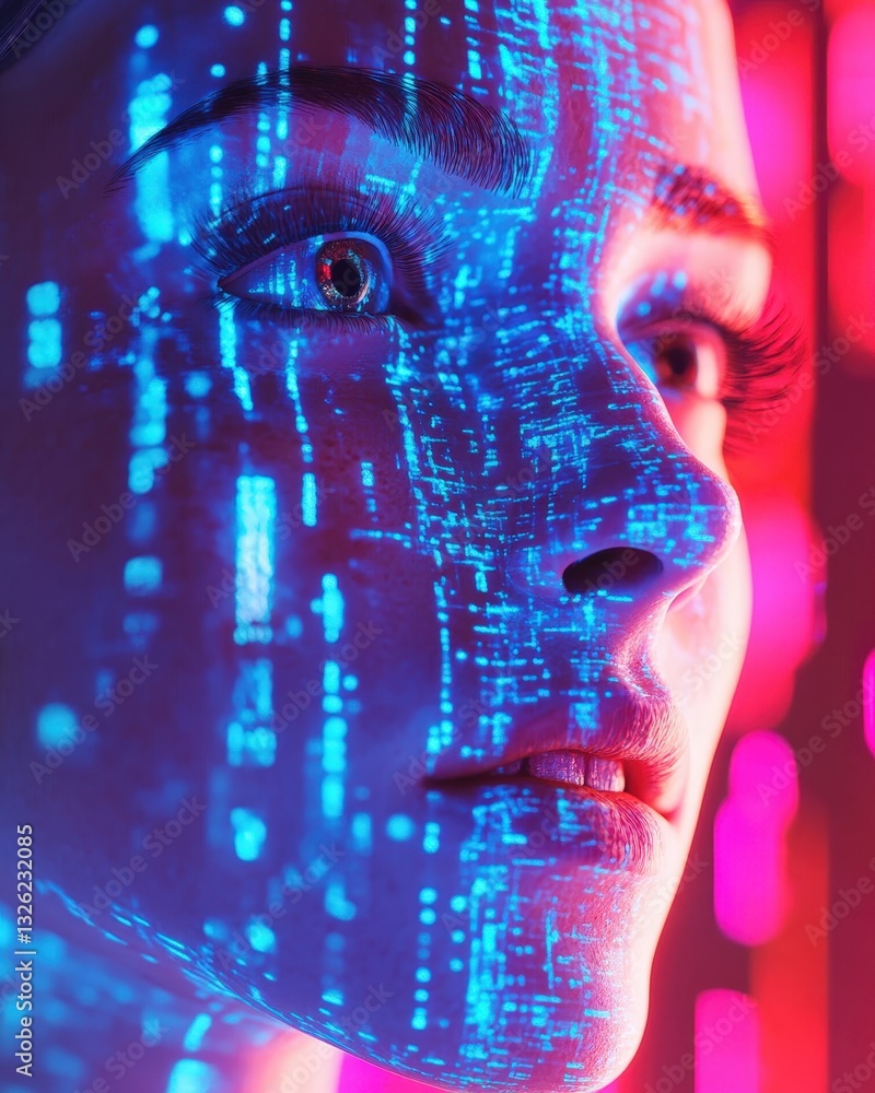 Poster woman's face transformed by a complex digital pattern displaying an intricate futuristic design