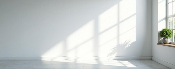 Fototapeta premium Crisp white backdrop, deep window shadow cast on wall , shadow, dark