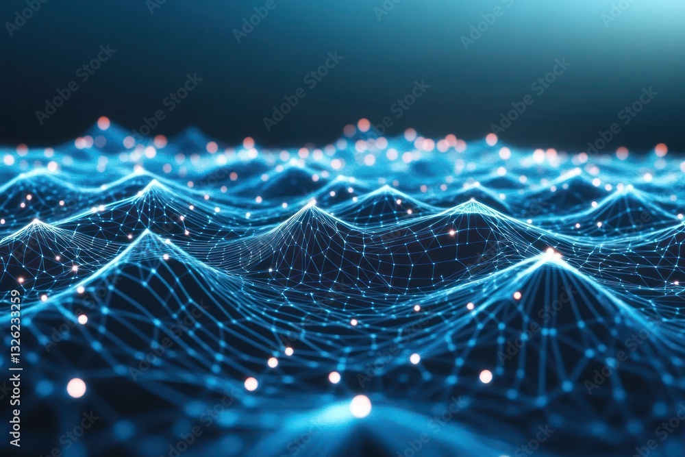 Poster abstract representation of digital waves with glowing connections and nodes