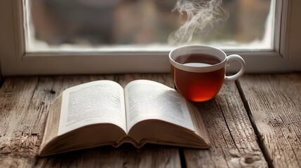 Cozy Reading Nook Open Book and Steaming Cup of Tea by Window