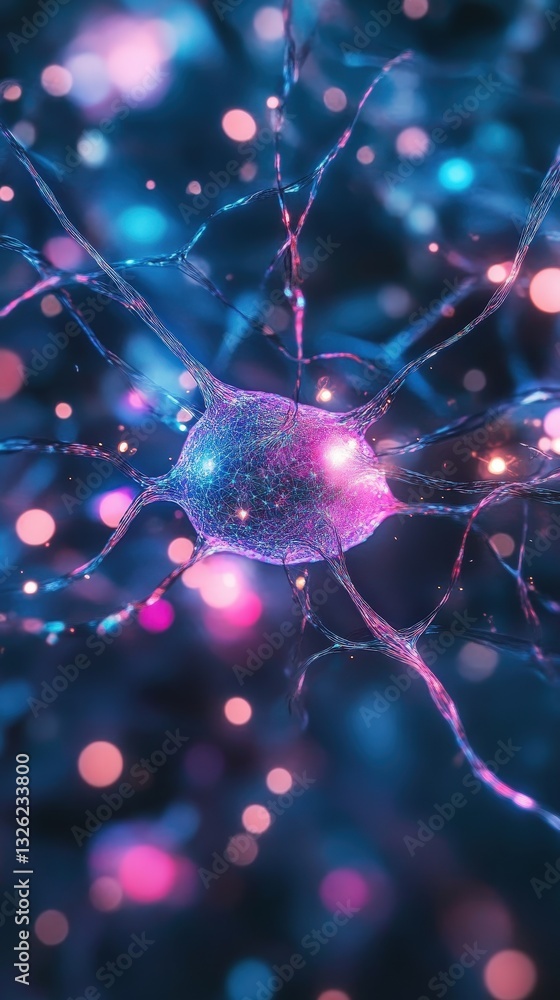 Poster a detailed close-up of neuron nerves emphasizing the connection and communication of signals
