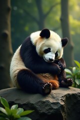 Obraz premium Giant panda curled in peaceful sleep atop large rock , cute, fluffy