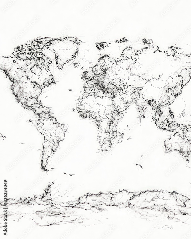 Poster world map representation in black and white dots emphasizing global interconnectedness and data visu