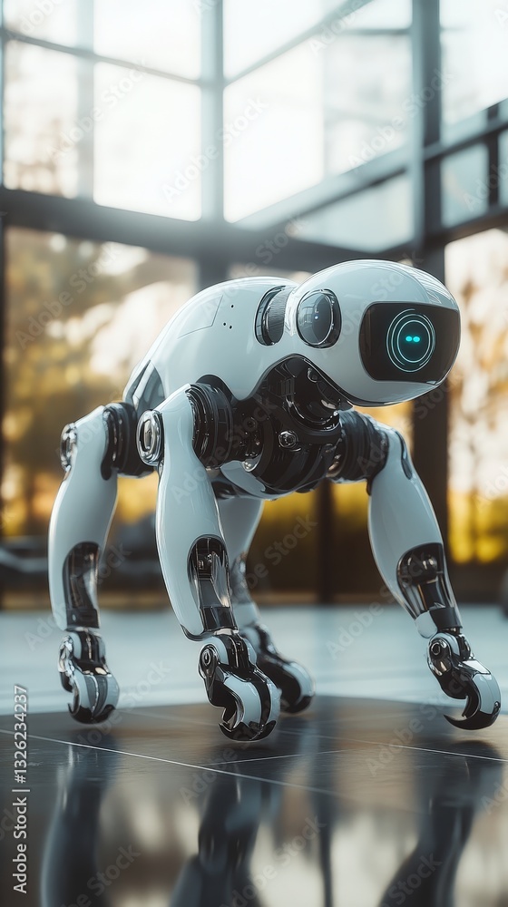 Poster robot walking on a polished floor in a bright and spacious environment filled with light