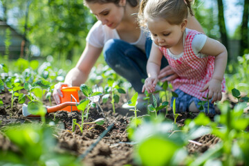 Mom and daughter are planting spring seedlings in the garden, preparing for the planting season, and taking care of the young plants.